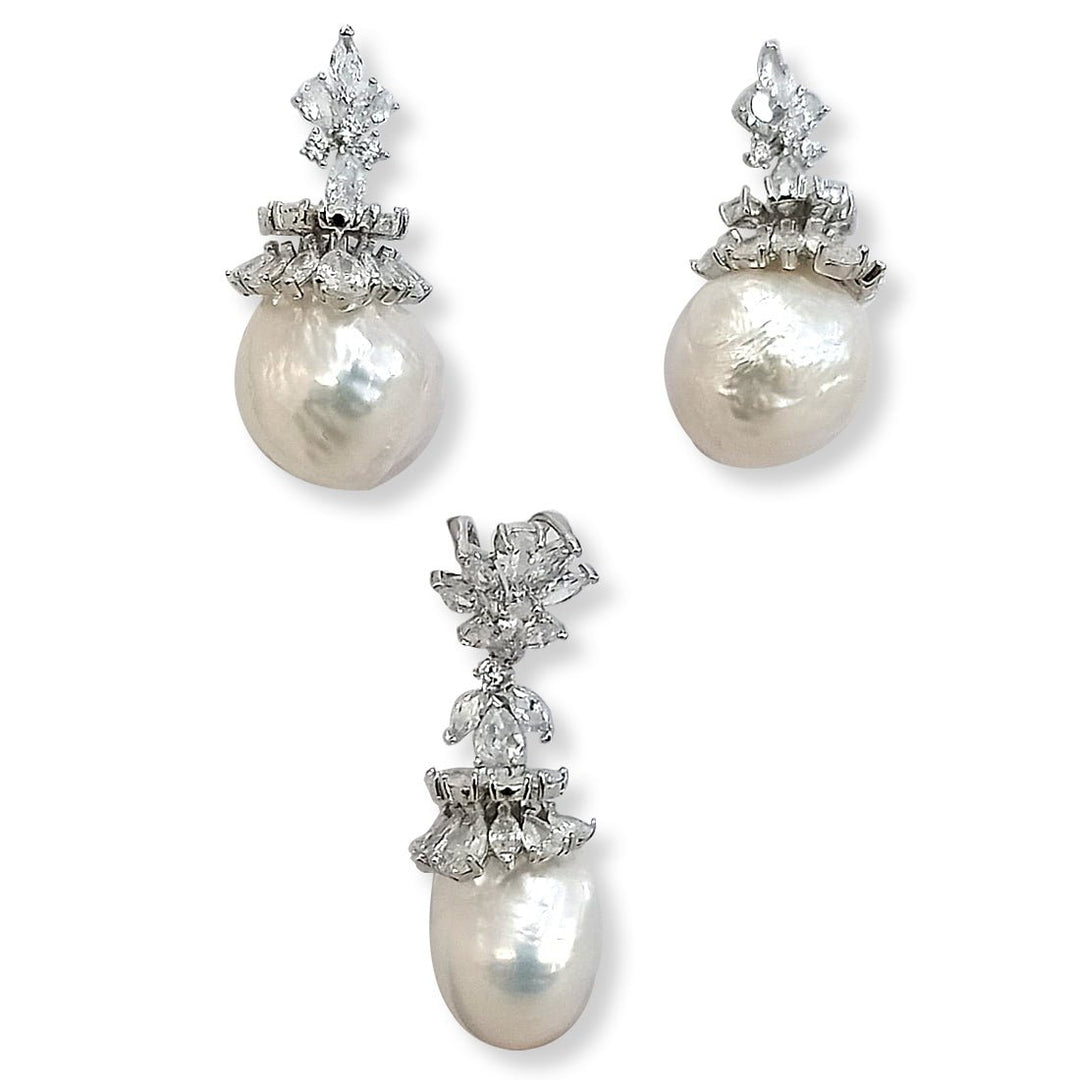Blisse Allure 925 Sterling Silver Pearl Pear Drop Pendant with Earrings Set For Women - Taraash