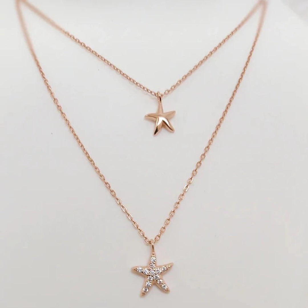 Blisse Allure 925 Sterling Silver Rose Gold Star Fish With Cz Layered Necklace - Taraash