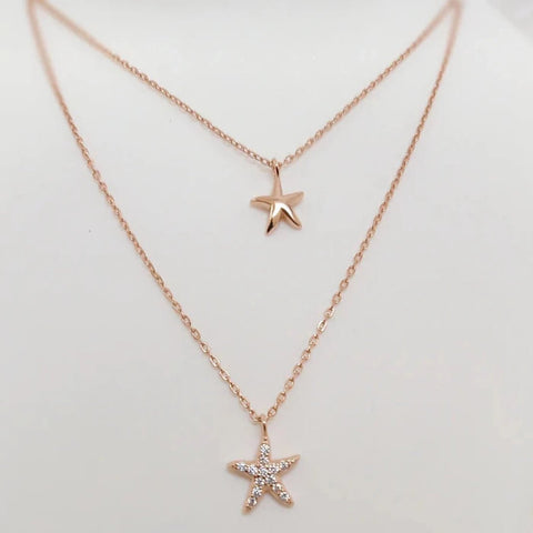 Blisse Allure 925 Sterling Silver Rose Gold Star Fish With Cz Layered Necklace - Taraash