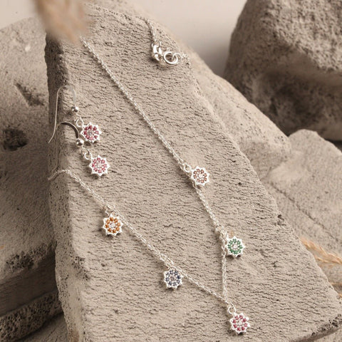 Blisse Allure Sterling Silver Multi Stone Studded Star Charms Necklace Set - Taraash