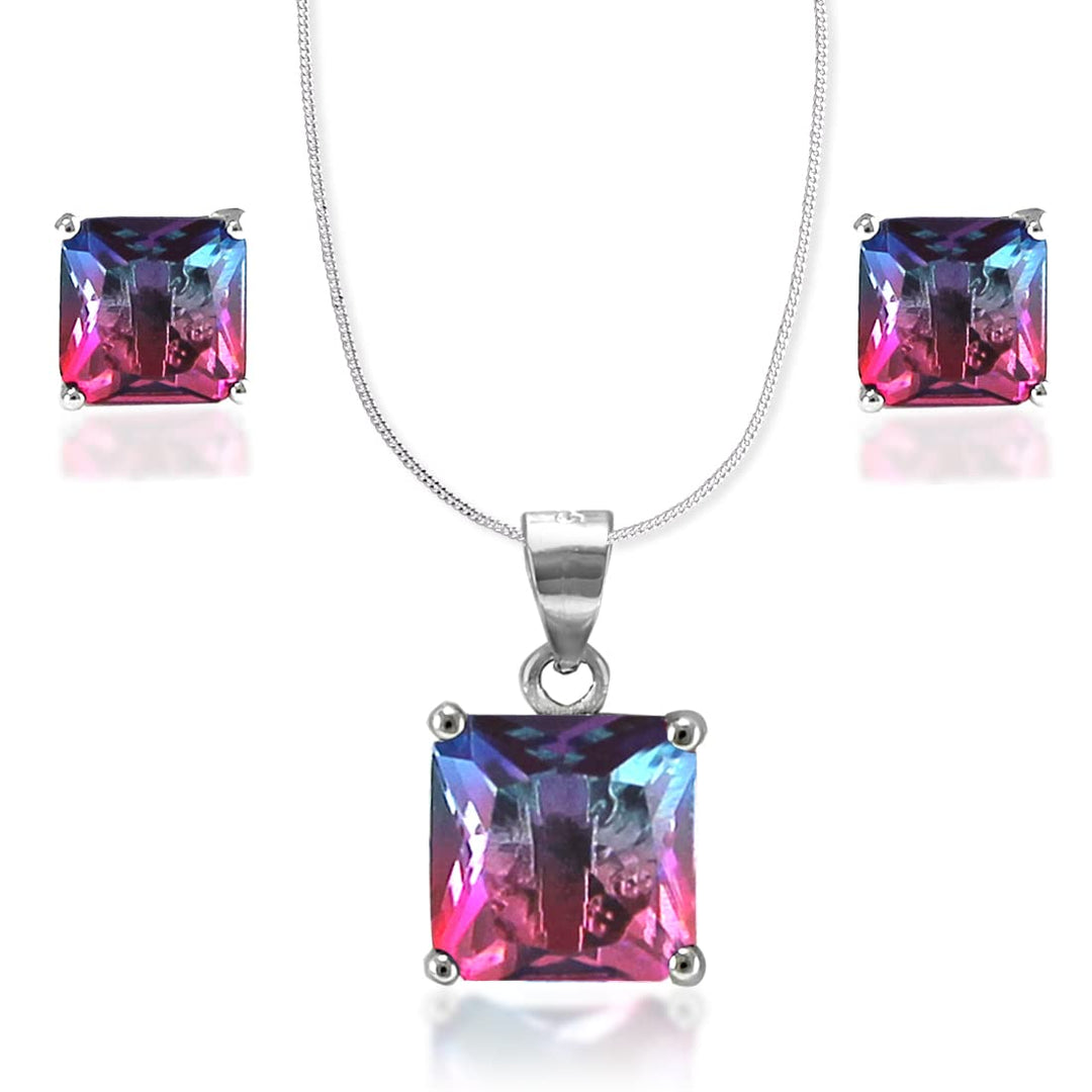Rainbow Collection Taraash 925 Sterling Silver Multi Colour Square CZ Jewellery Set For Women - Taraash