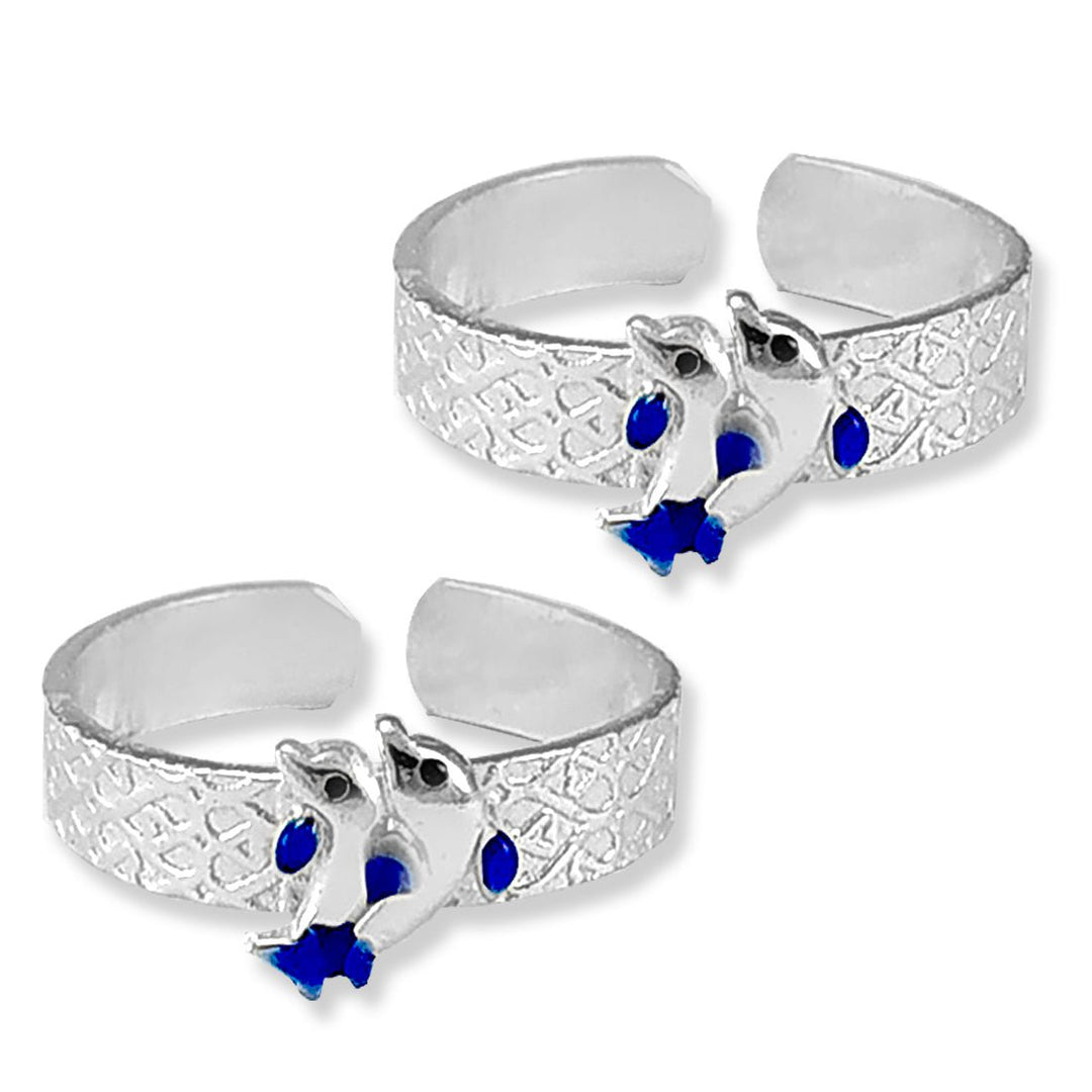 Taraash 925 Silver Blue Enamel Dolphin Design Toe Ring For Women - Taraash