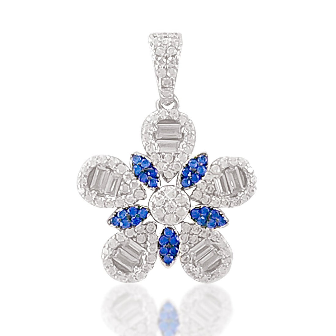 Taraash 925 Silver Floral Design Blue White CZ Pendant Set For Women - Taraash