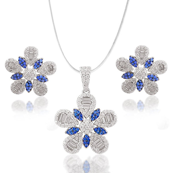 Taraash 925 Silver Floral Design Blue White CZ Pendant Set For Women - Taraash