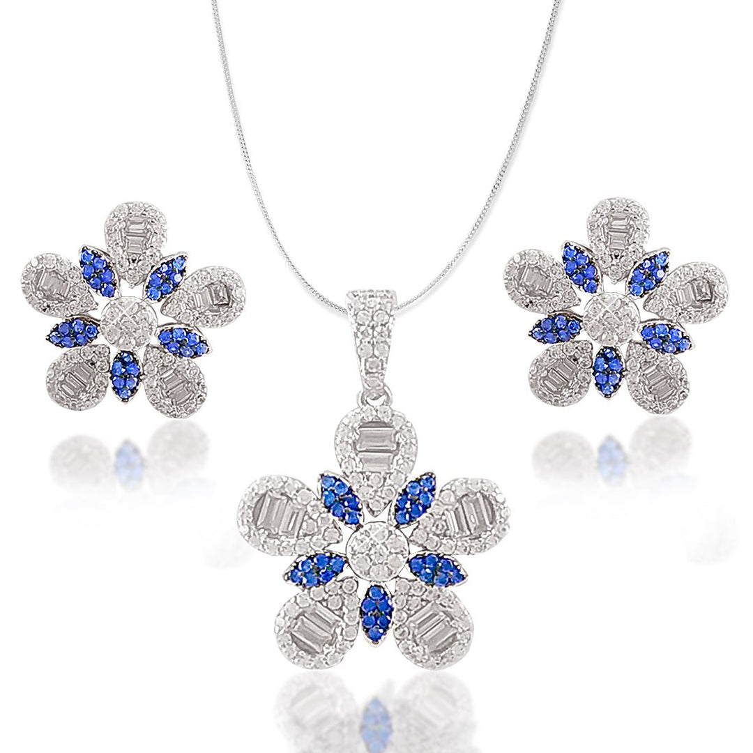 Taraash 925 Silver Floral Design Blue White CZ Pendant Set For Women - Taraash