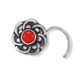 Taraash 925 Silver Floral Design Red Stone Nose Pin For Women - Taraash