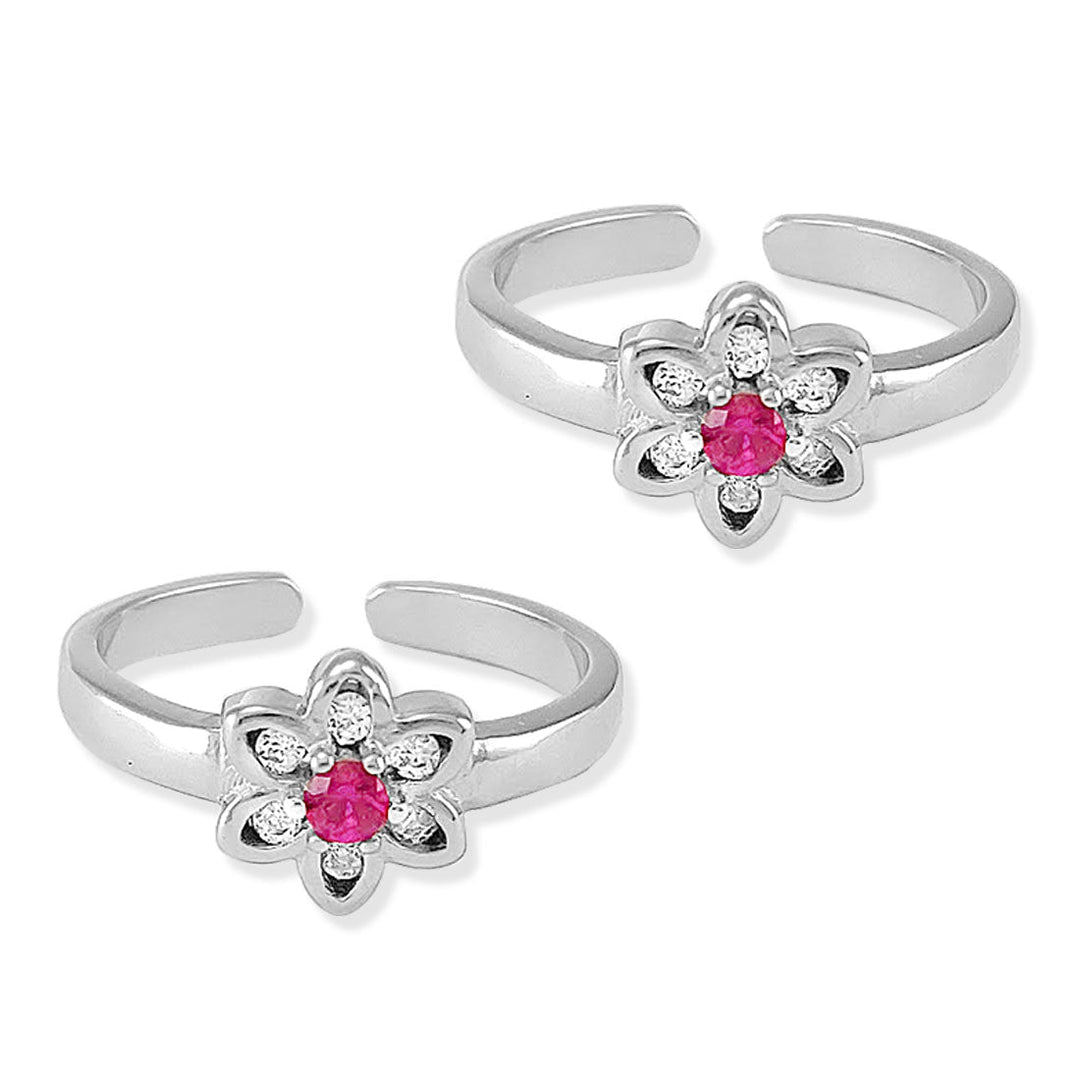 Taraash 925 Silver Floral Designer White Pink CZ Toe Ring - Taraash