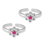 Taraash 925 Silver Floral Designer White Pink CZ Toe Ring - Taraash