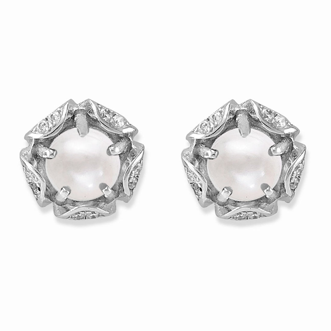 Taraash 925 Silver Floral White CZ Pearl Earring For Women - Taraash