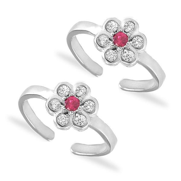 Taraash 925 Silver Floral White Pink CZ Toe Ring For Women - Taraash