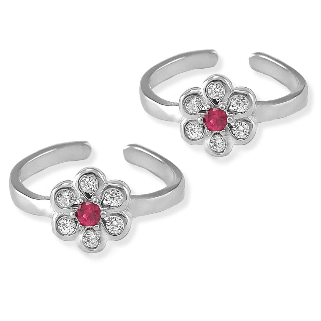 Taraash 925 Silver Floral White Pink CZ Toe Ring For Women - Taraash
