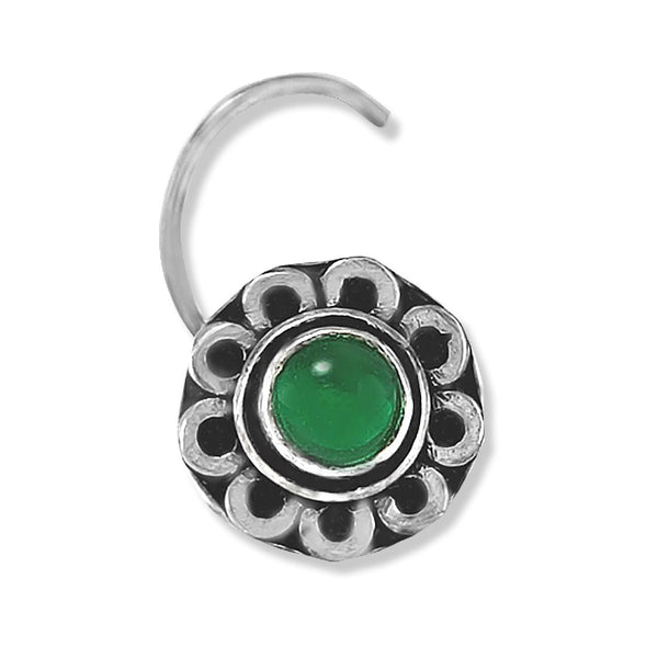 Taraash 925 Silver Flower Design Green Stone Nose Pin For Women - Taraash
