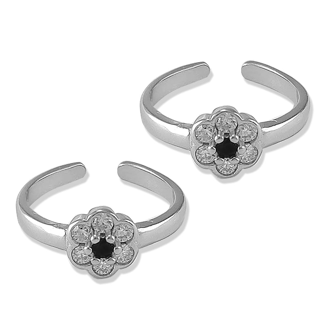Taraash 925 Silver Flower White Black Toe Ring For Women - Taraash