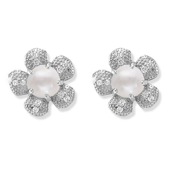 Taraash 925 Silver Pearl Flower Design CZ Earring for Women - Taraash