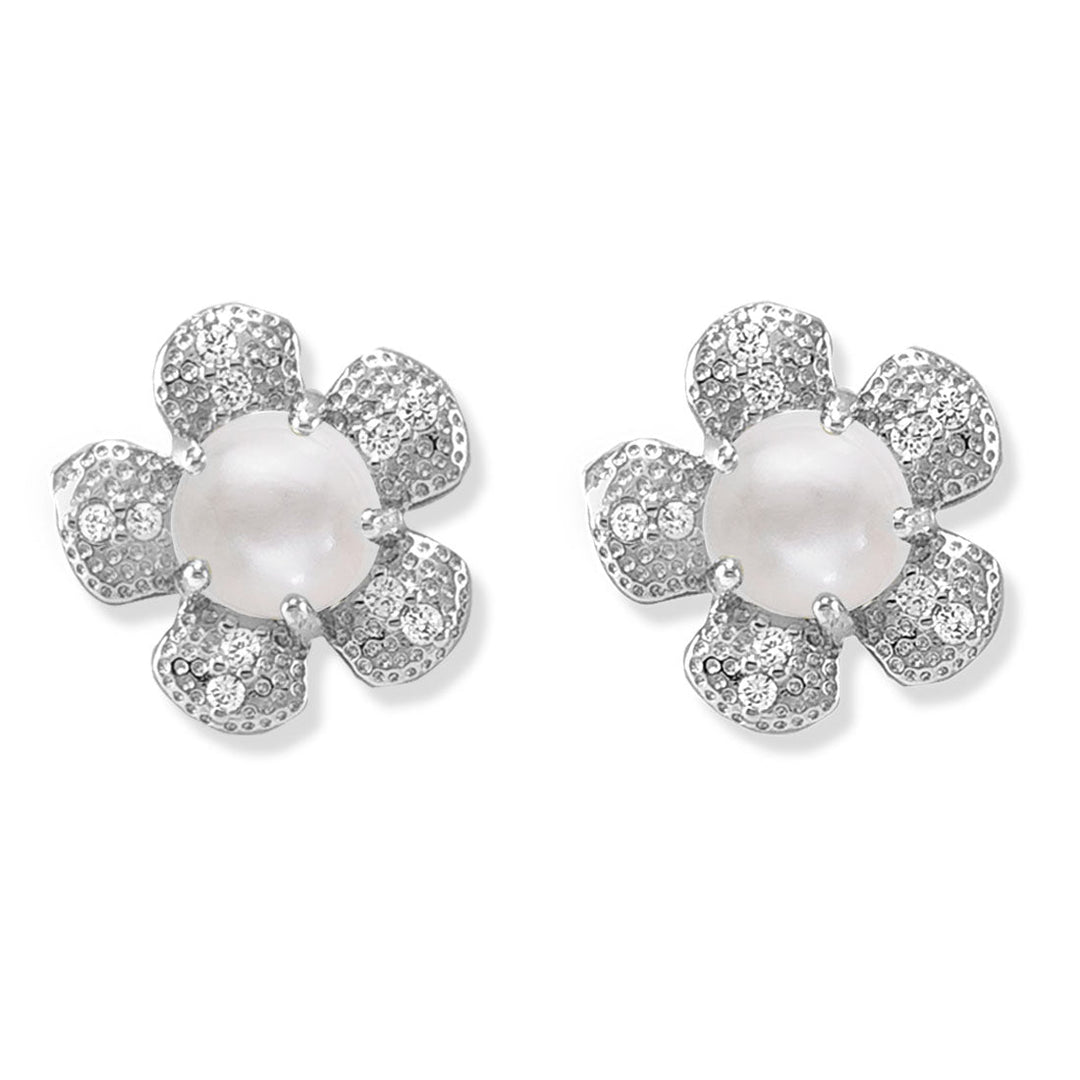 Taraash 925 Silver Pearl Flower Design CZ Earring for Women - Taraash