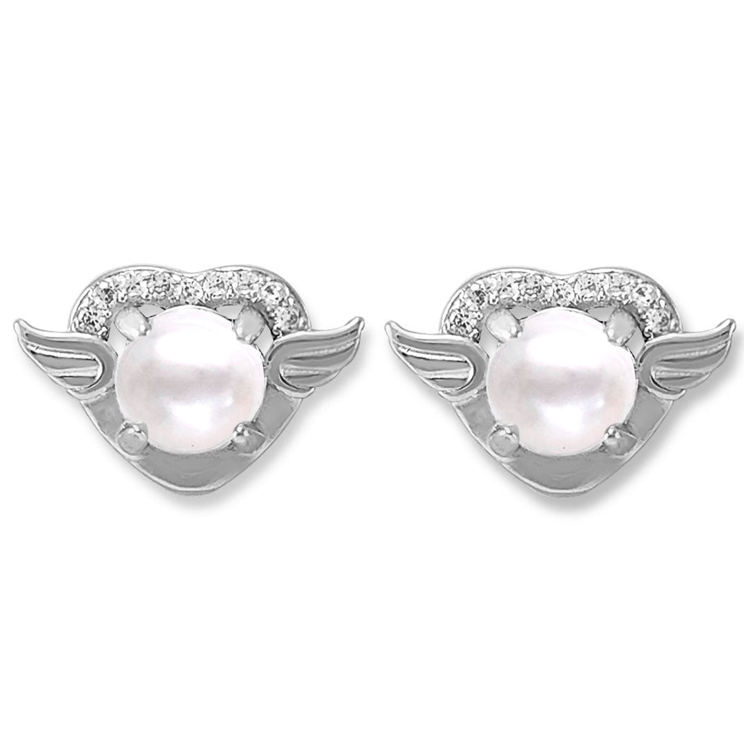Taraash 925 Silver Wing Heart Pearl CZ Earring for Women - Taraash