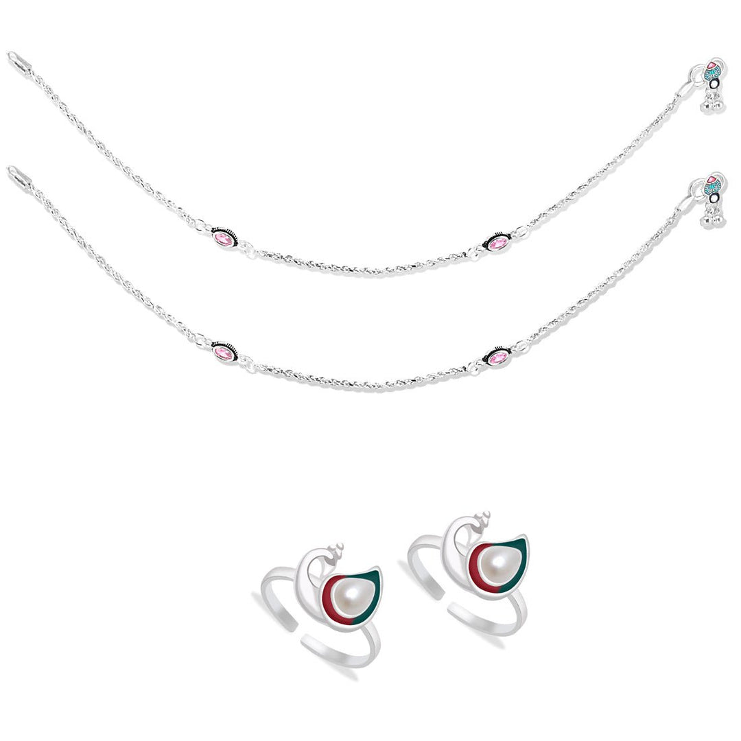 Taraash 925 Sterling Silver Anklet Toe Ring Combo For Women COMBO ANTR 113 - Taraash