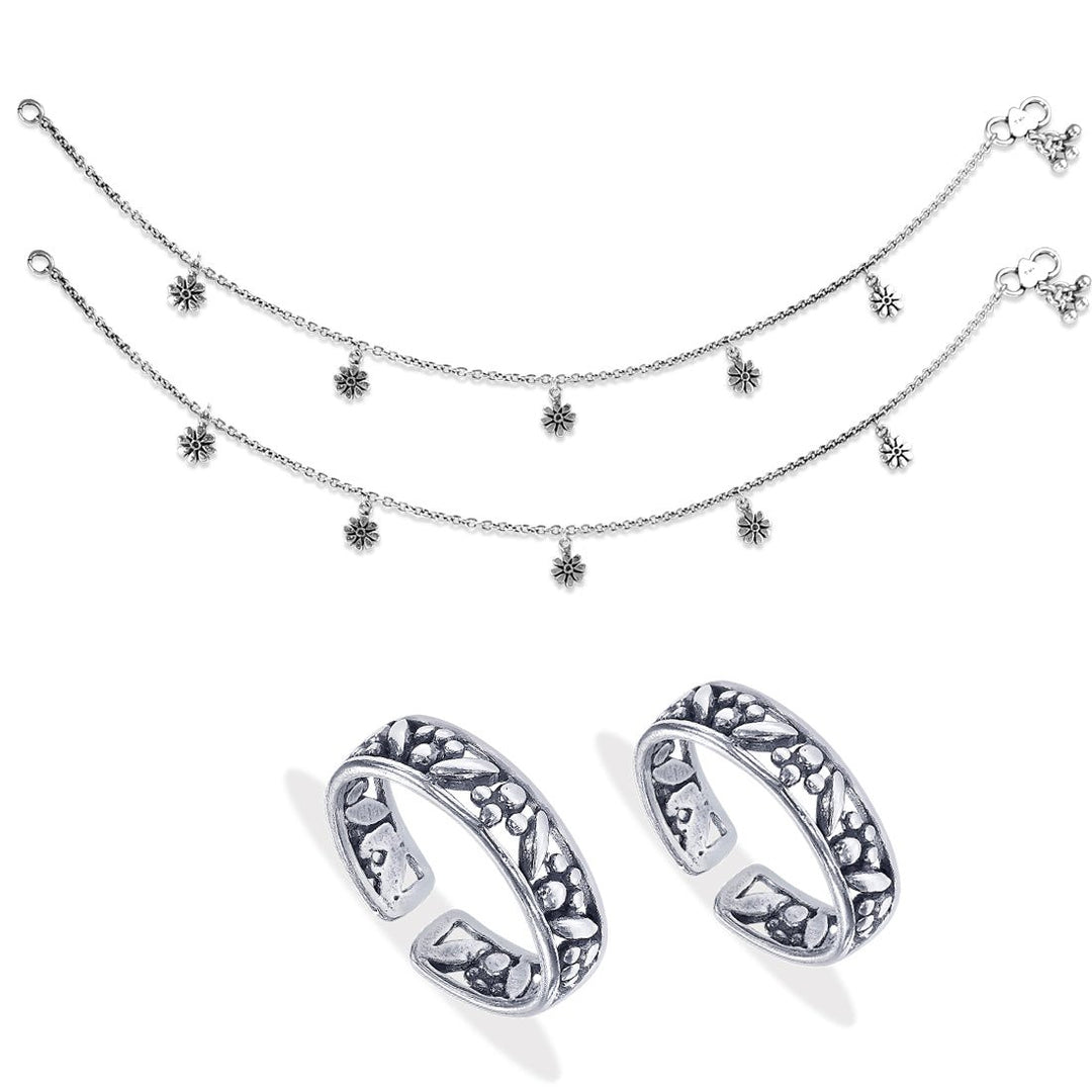 Taraash 925 Sterling Silver Antique Collection Combo of Anklet and Toe Ring COMBO ANTR 156 - Taraash