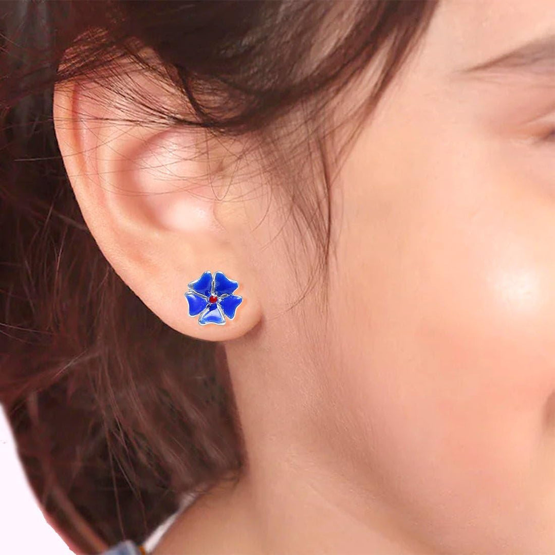 Taraash 925 Sterling Silver Blue Enamel Floral Stud Earrings For Girls - Taraash