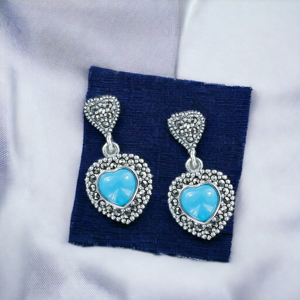 Taraash 925 Sterling Silver Blue Marcasite Heart Earrings For Women