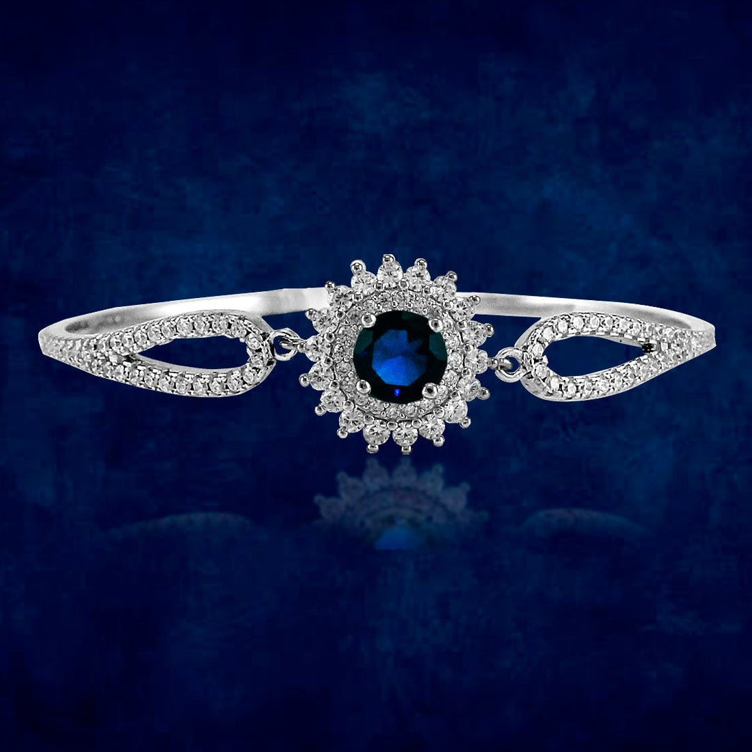 Taraash 925 Sterling Silver Fancy Flower Bangle With Blue And White CZ For Women - Taraash