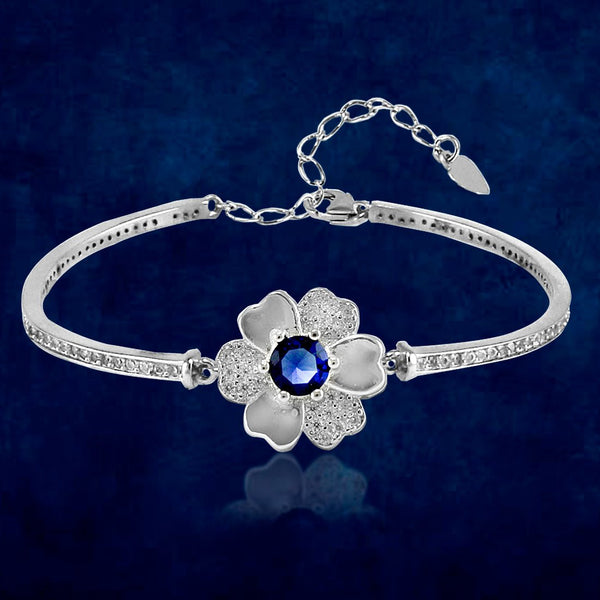 Taraash 925 Sterling Silver Floral Blue Cz Bangle / Kada For Women - Taraash
