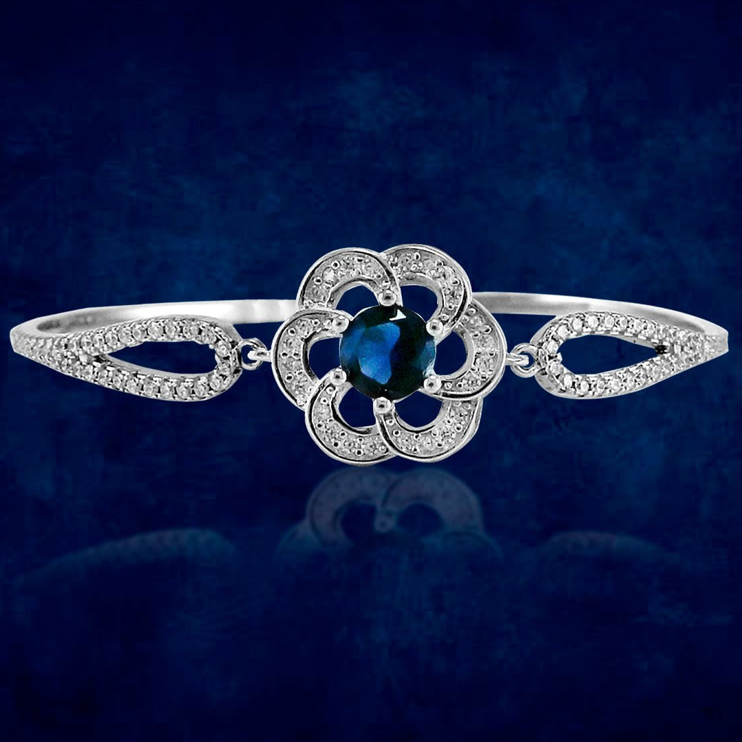 Taraash 925 Sterling Silver Floral Blue Cz Rhodium Finish Silver Bangle For Women - Taraash