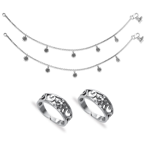 Taraash 925 Sterling Silver Floral Collection Combo of Anklet and Toe Ring COMBO ANTR 155 - Taraash