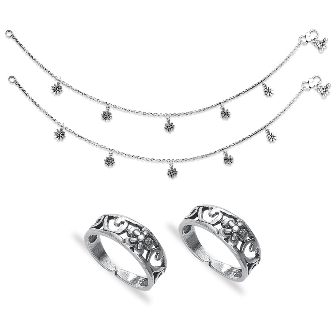 Taraash 925 Sterling Silver Floral Collection Combo of Anklet and Toe Ring COMBO ANTR 155 - Taraash