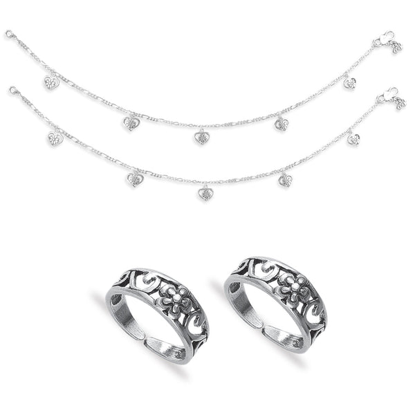 Taraash 925 Sterling Silver Floral Designer Combo of Anklet and Toe Ring COMBO ANTR 154 - Taraash