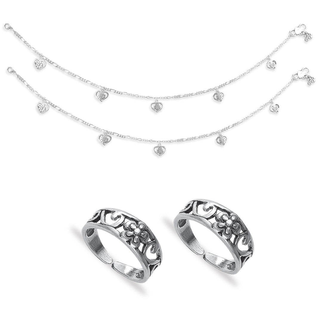 Taraash 925 Sterling Silver Floral Designer Combo of Anklet and Toe Ring COMBO ANTR 154 - Taraash