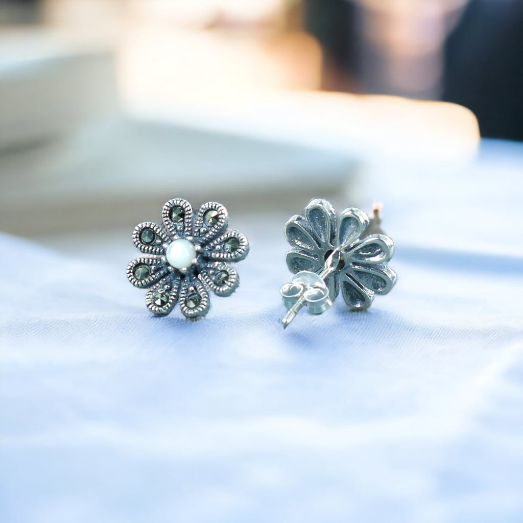 Taraash 925 Sterling Silver Marcasite Floral Earrings For Women