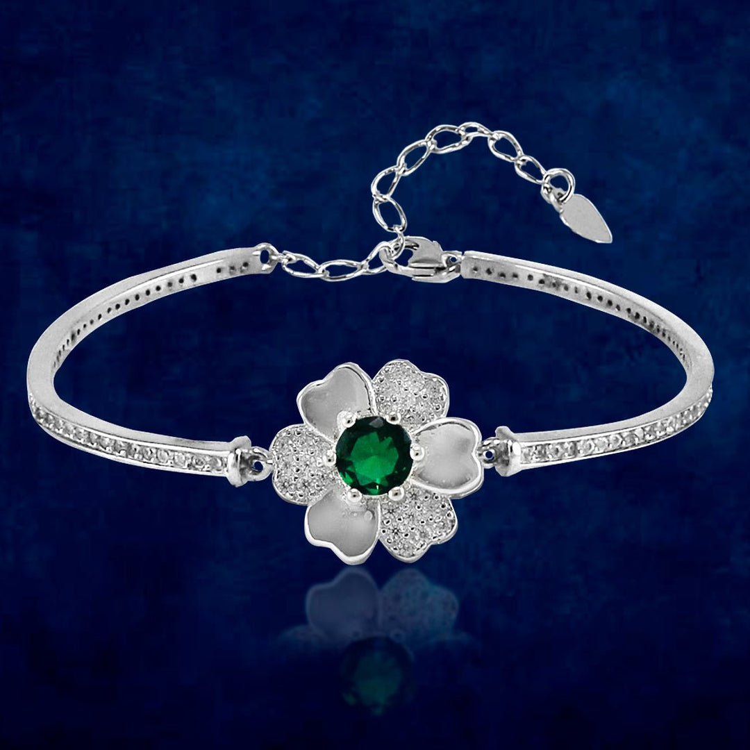 Taraash 925 Sterling Silver Green Cz Floral Bangle For Women - Taraash