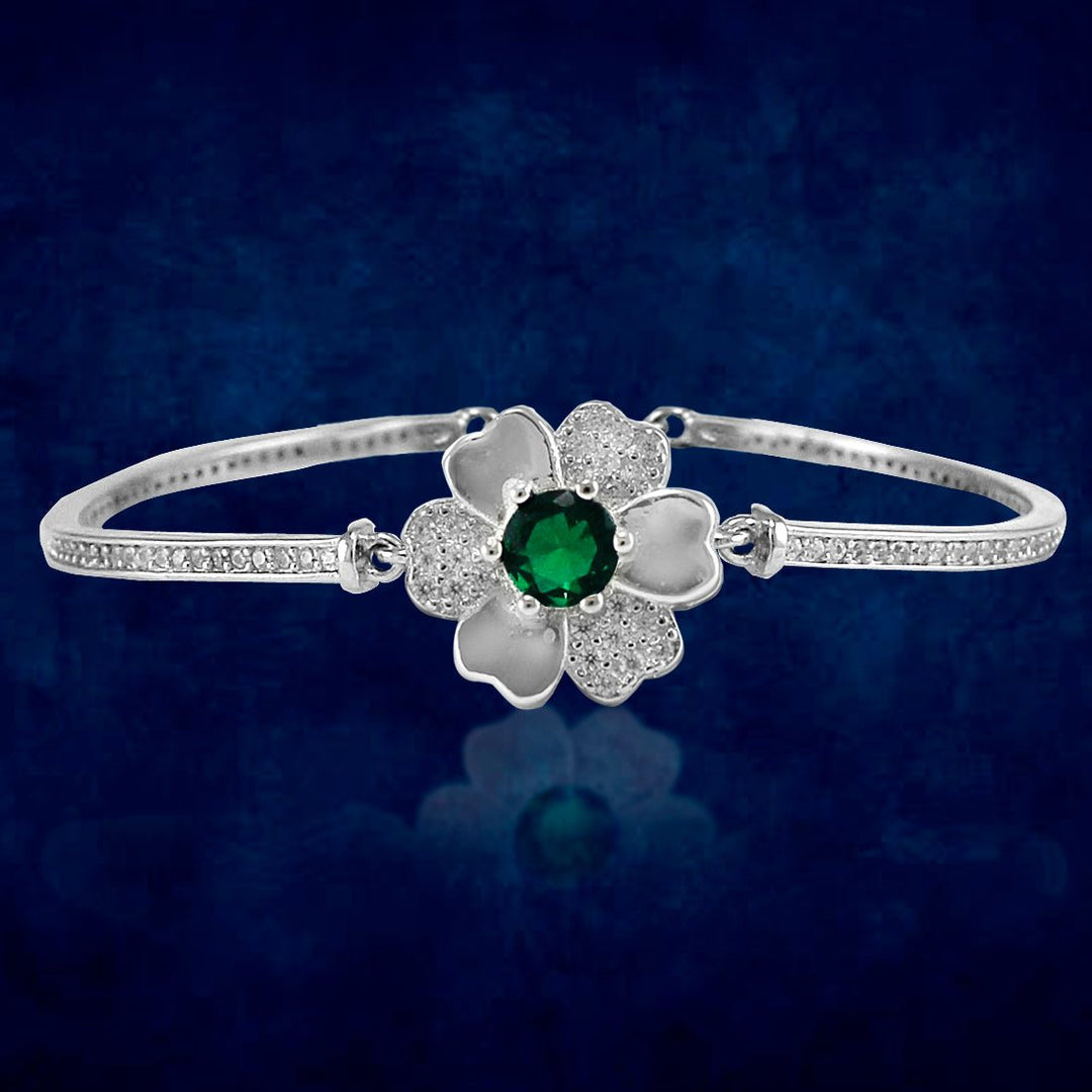Taraash 925 Sterling Silver Green Cz Floral Bangle For Women - Taraash