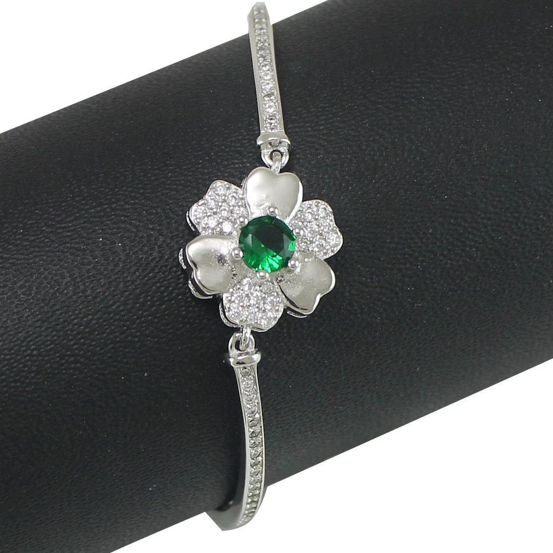 Taraash 925 Sterling Silver Green Cz Floral Bangle For Women - Taraash
