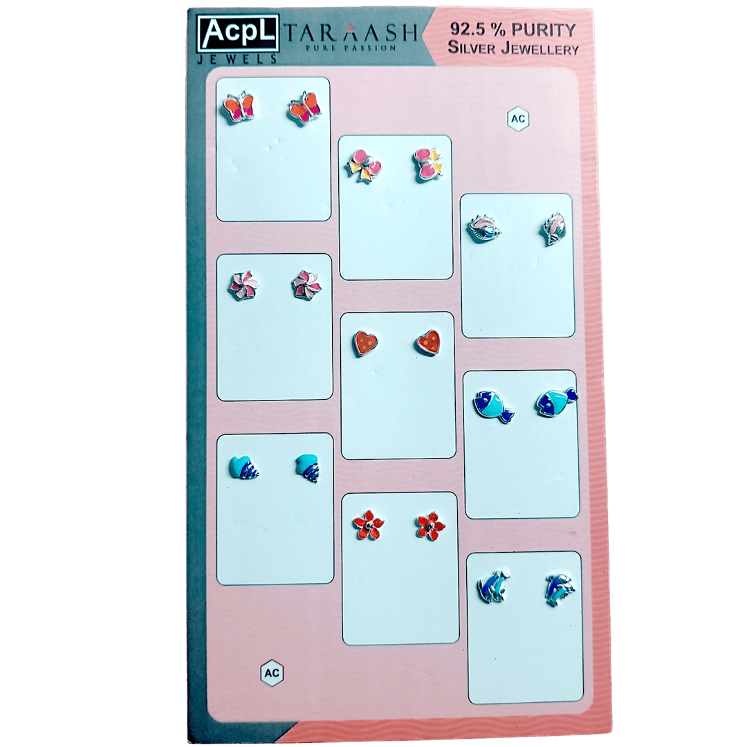 Taraash 925 Sterling Silver Multicolor Enamel Kids Stud Earrings CBER521 (Set of 9) (Assorted) - Taraash