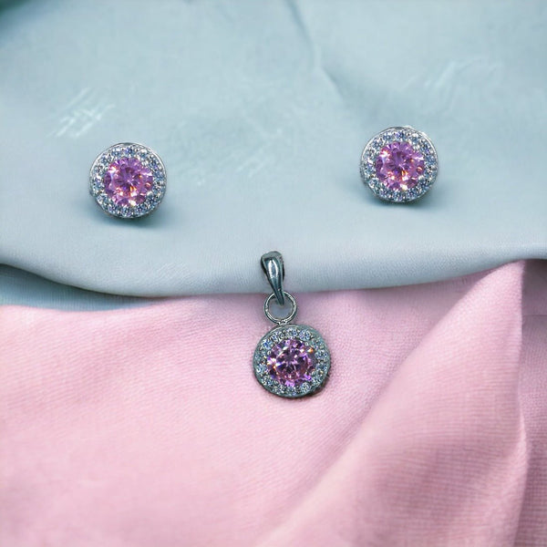 Taraash 925 Sterling Silver Pink CZ Pendant Set For Women - Taraash