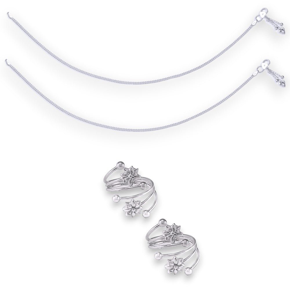 Taraash 925 Sterling Silver Plain Anklet Toe Ring Combo For Women - Taraash