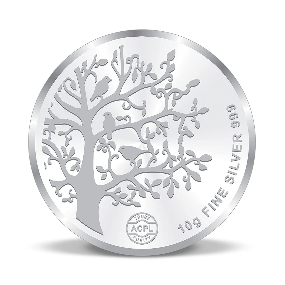 Taraash 999 Purity 10 grams Banyan Tree Silver Coin With Packaging By ACPL - Taraash