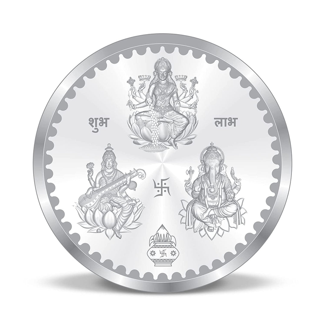 Taraash 999 Purity 10 grams Laxmi Ganesh Saraswati Silver Coin With Packaging By ACPL - Taraash