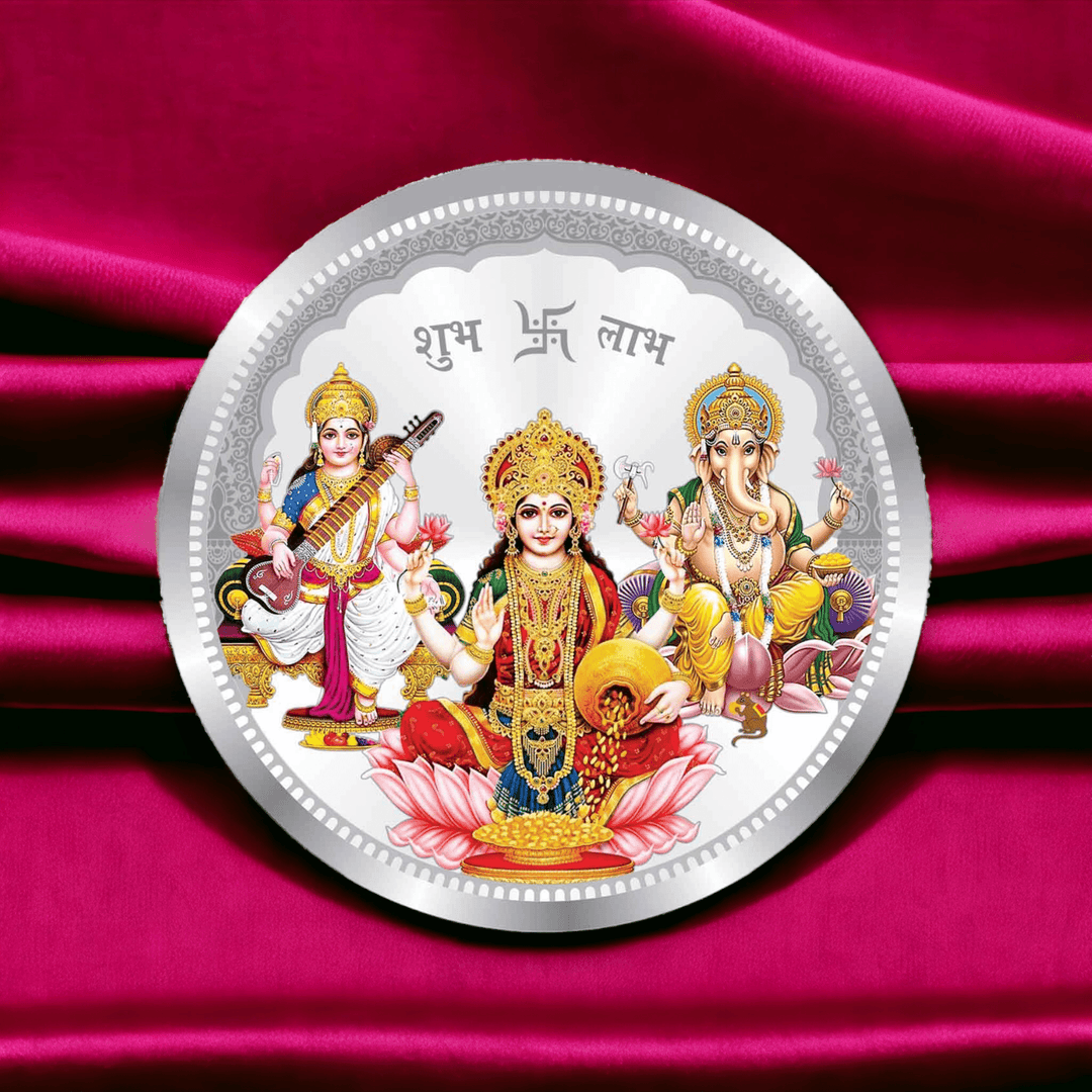 Taraash 999 Purity 100 grams Laxmi Ganesha Saraswati Silver Coin By ACPL - Taraash