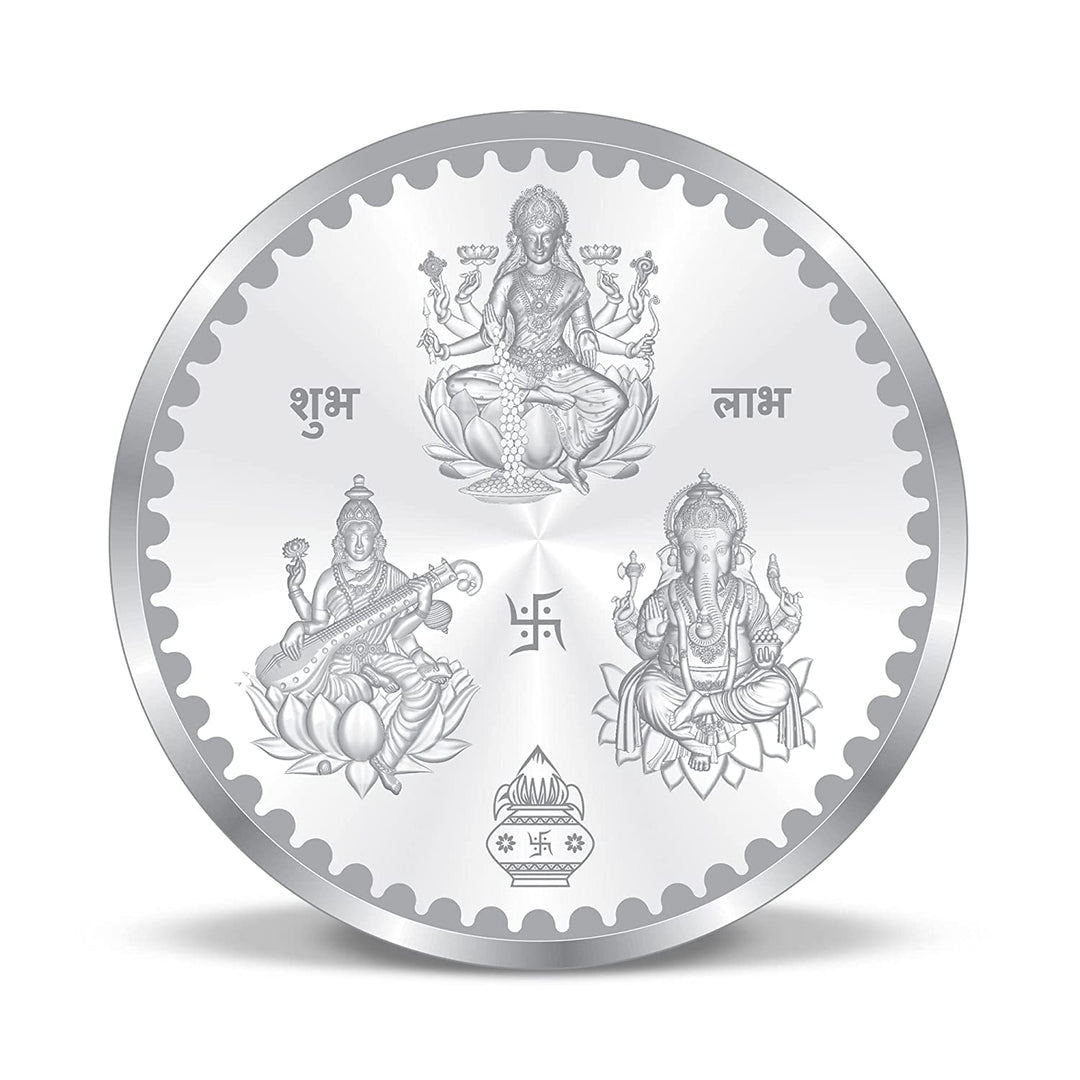 Taraash 999 Purity 20 grams Laxmi Ganesh Saraswati Silver Coin With Packaging By ACPL - Taraash