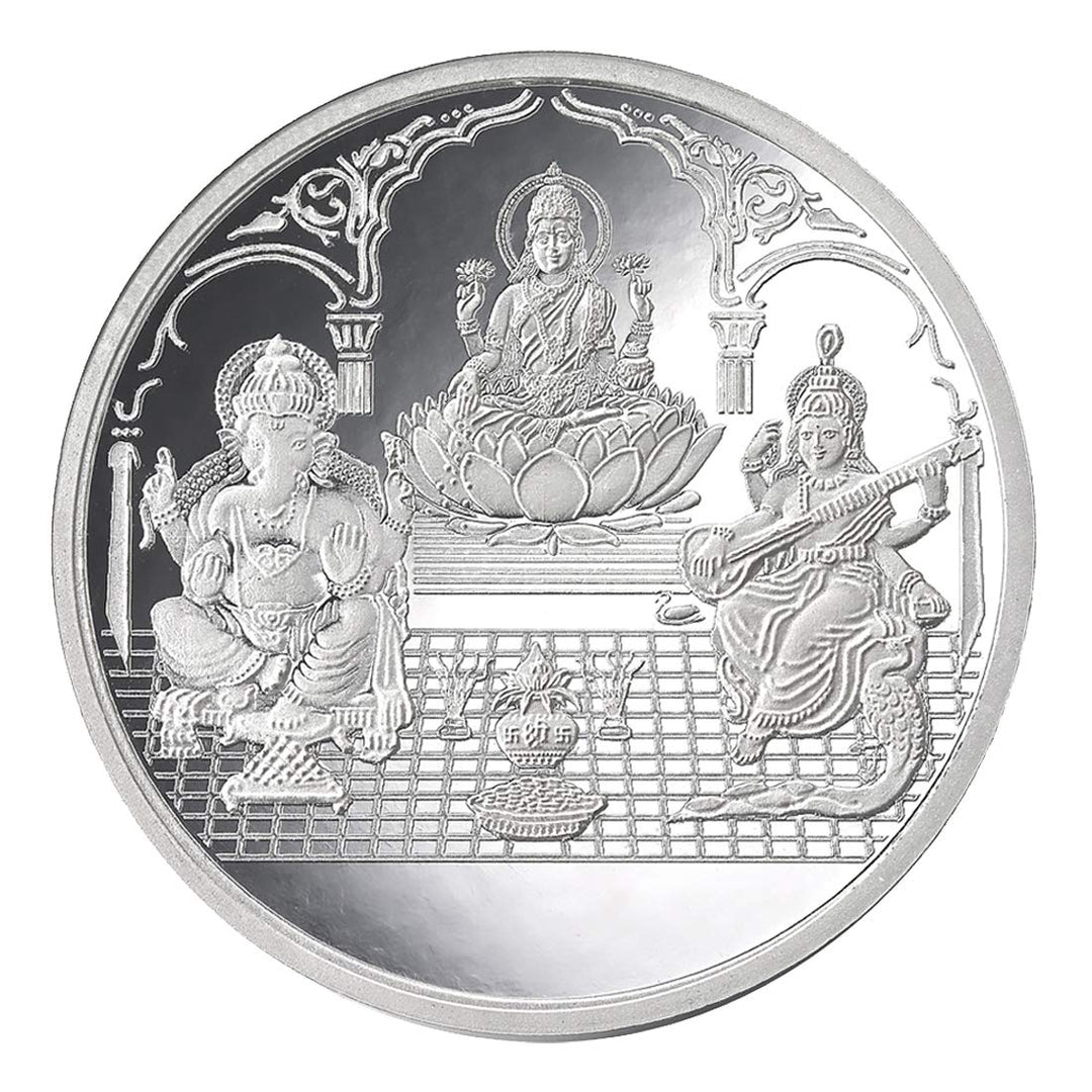 Taraash 999 Silver 100 gram Laxmi, Ganesh & Saraswati Coin By ACPL - Taraash