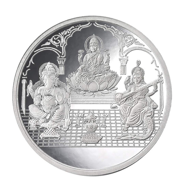 Taraash 999 Silver 50 gram Laxmi, Ganesh & Saraswati Coin By ACPL - Taraash