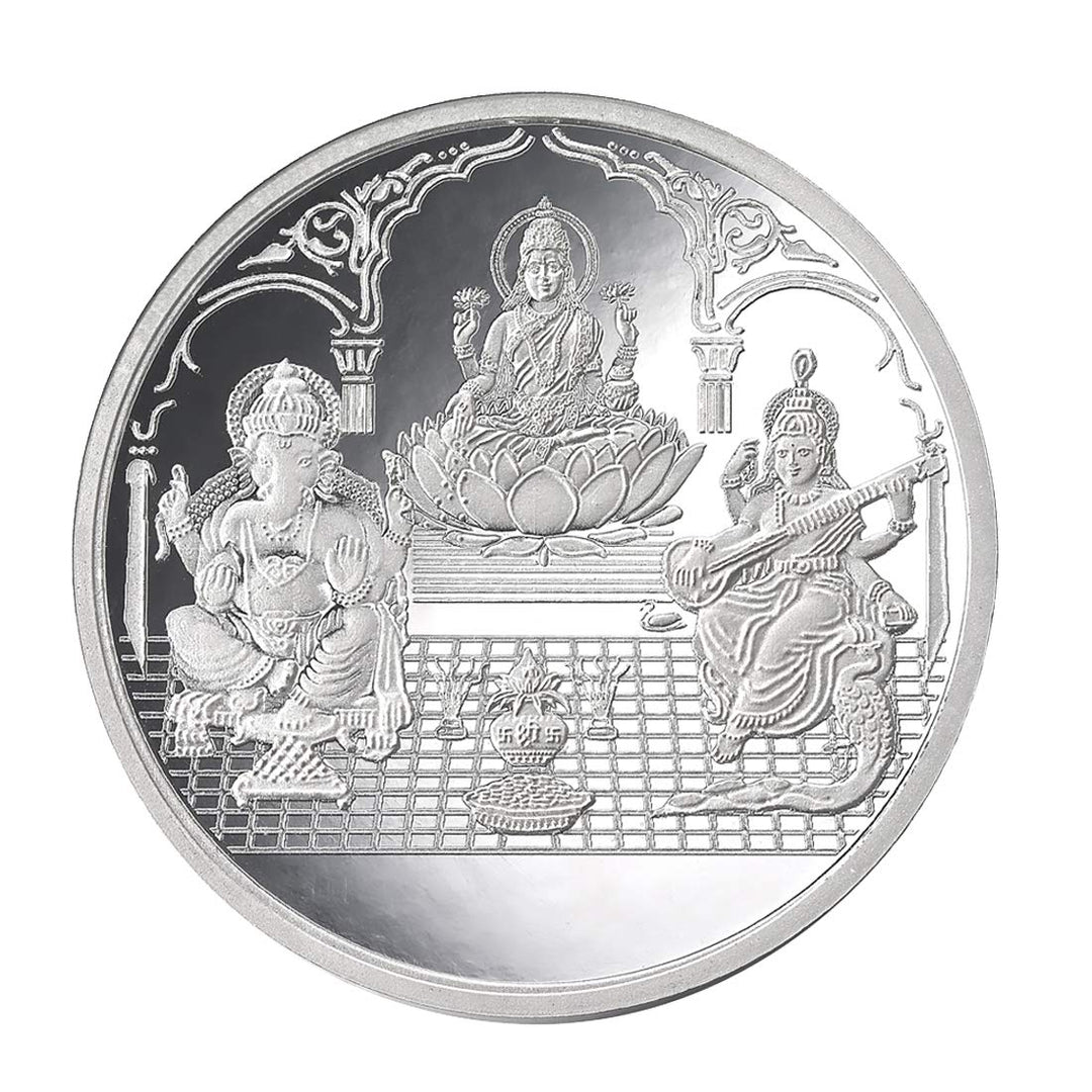 Taraash 999 Silver 50 gram Laxmi, Ganesh & Saraswati Coin By ACPL - Taraash