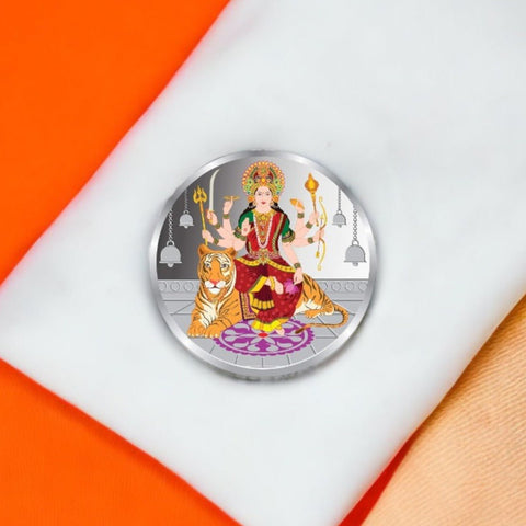 Taraash 999 Silver Colorful Godess Durga Mata 10 Gram Coin For Gifting CF23R1G10W - Taraash