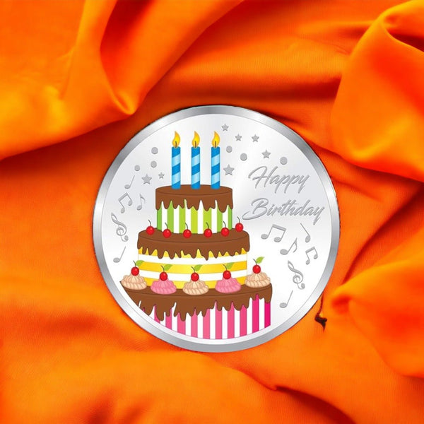 Taraash 999 silver enamel cake design happy birthday 20 gms coin for gifting by ACPL - Taraash