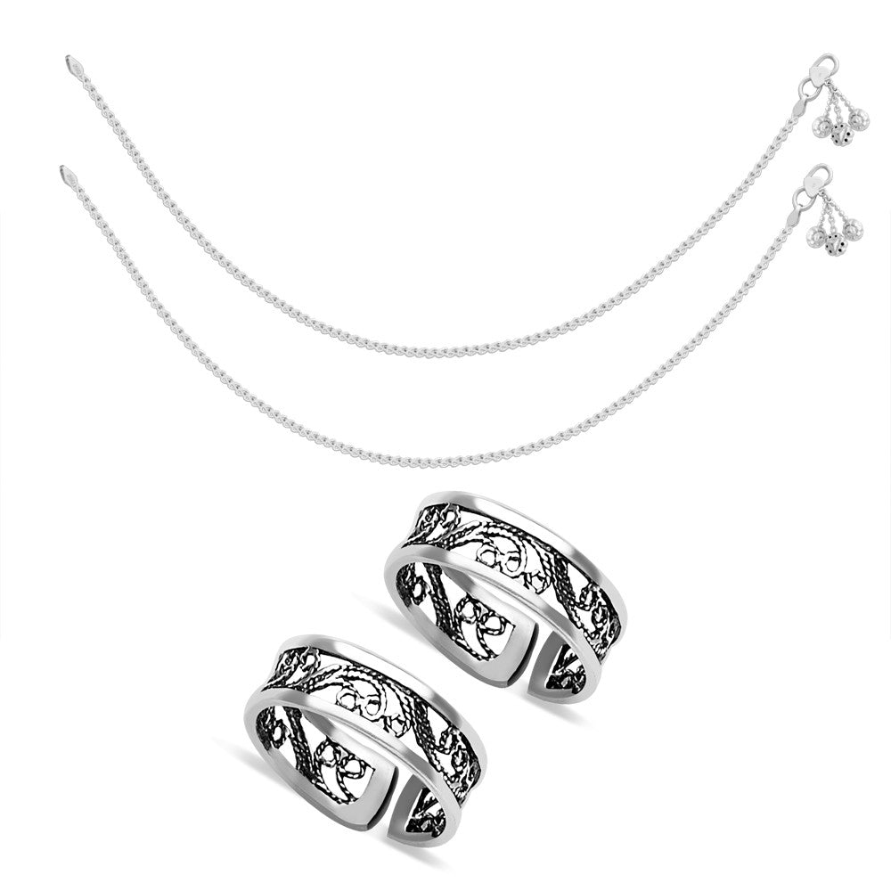 Taraash Sterling Silver Combo of Anklet & Toe Ring For Women COMBO ANTR 44 - Taraash