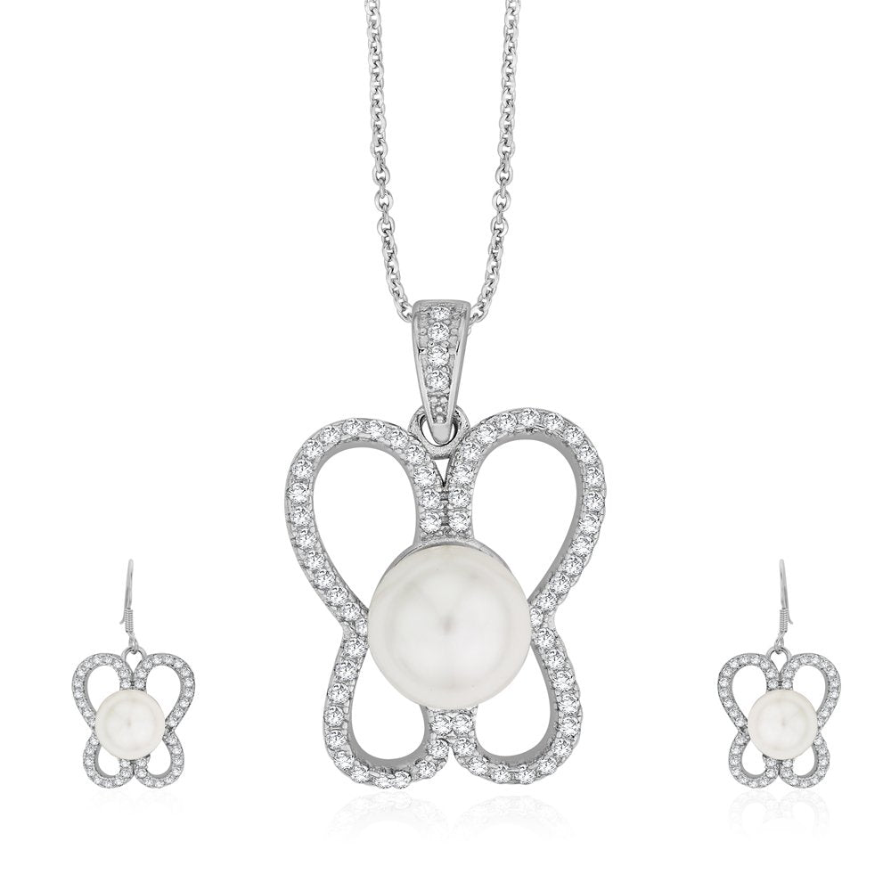 Taraash Sterling Silver CZ & Pearl Butterfly Pendant Set For Women PEMR4011V - Taraash