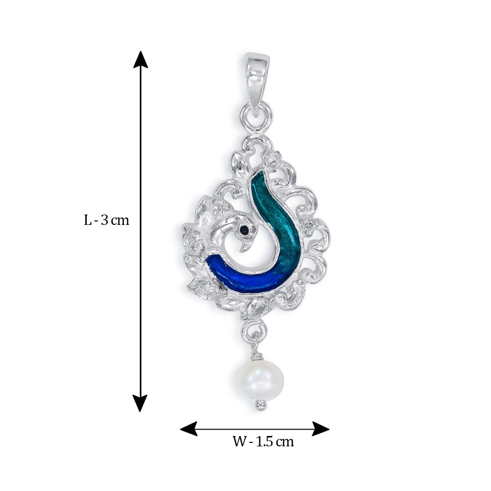 Taraash Sterling Silver Enamel Peacock With Hanging Pearl Pendant For Women PD2079S - Taraash